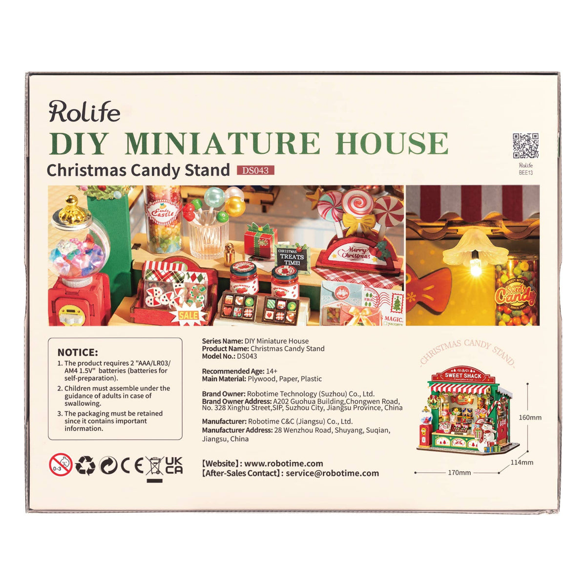 Back of the Rolife Christmas Candy Stand DS043 kit box with candy shop details, dimensions and safety information