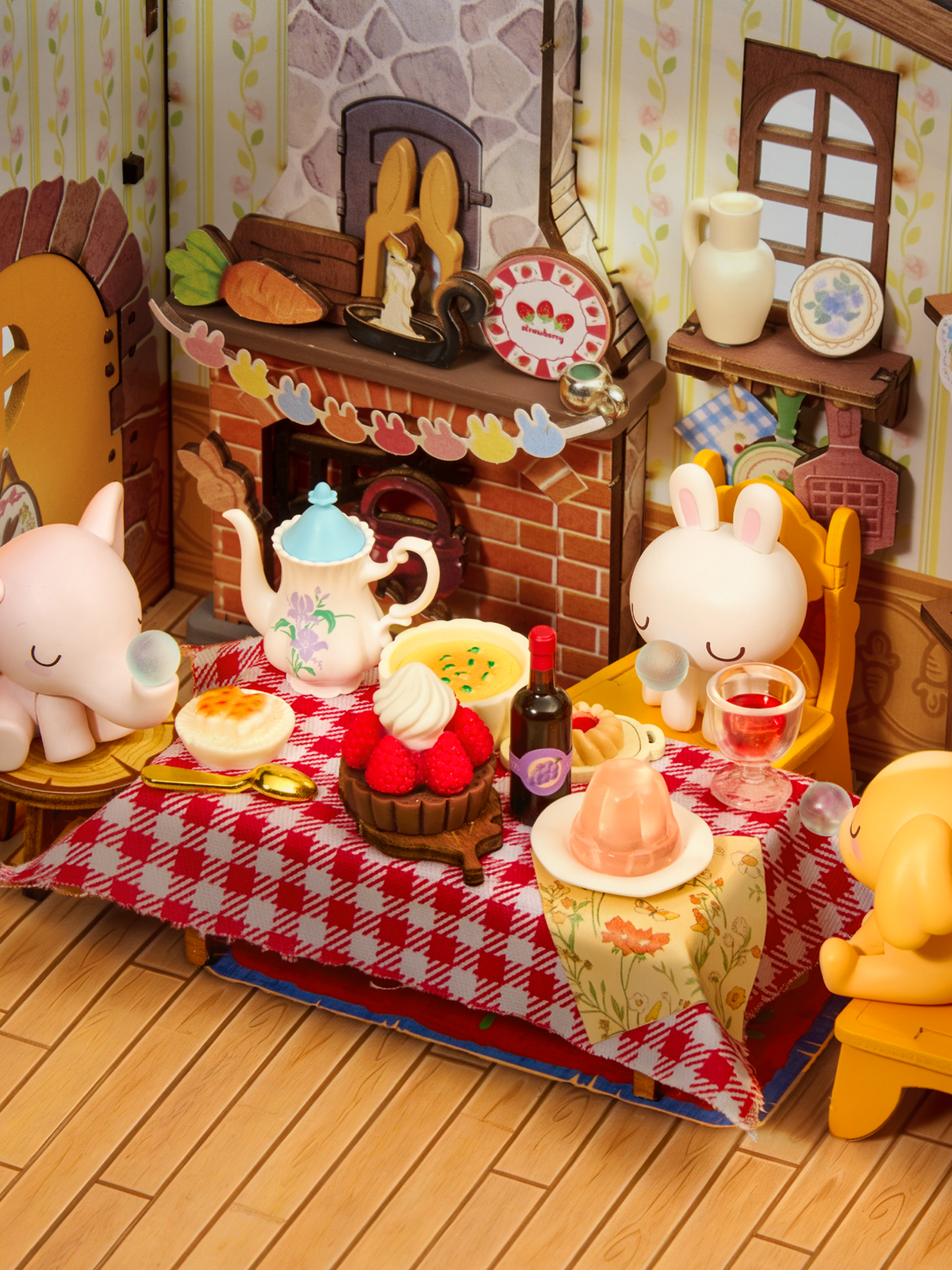 Close-up of Rolife Fluffy Grove DG184 miniature tea table, rabbit figures and brick fireplace