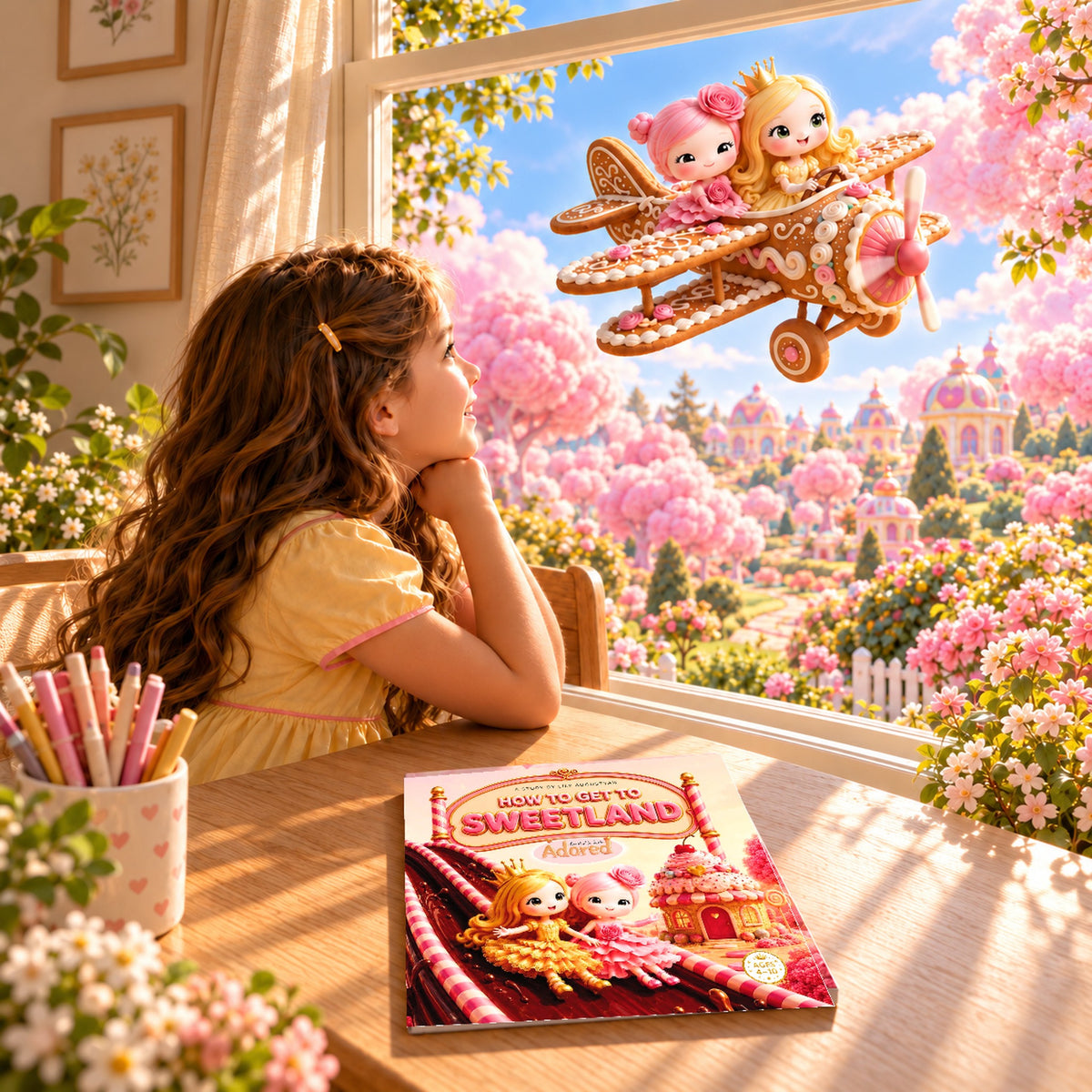 How to Get to Sweetland? storybook on a desk as a girl imagines Cookie and Nota flying in a gingerbread airplane.