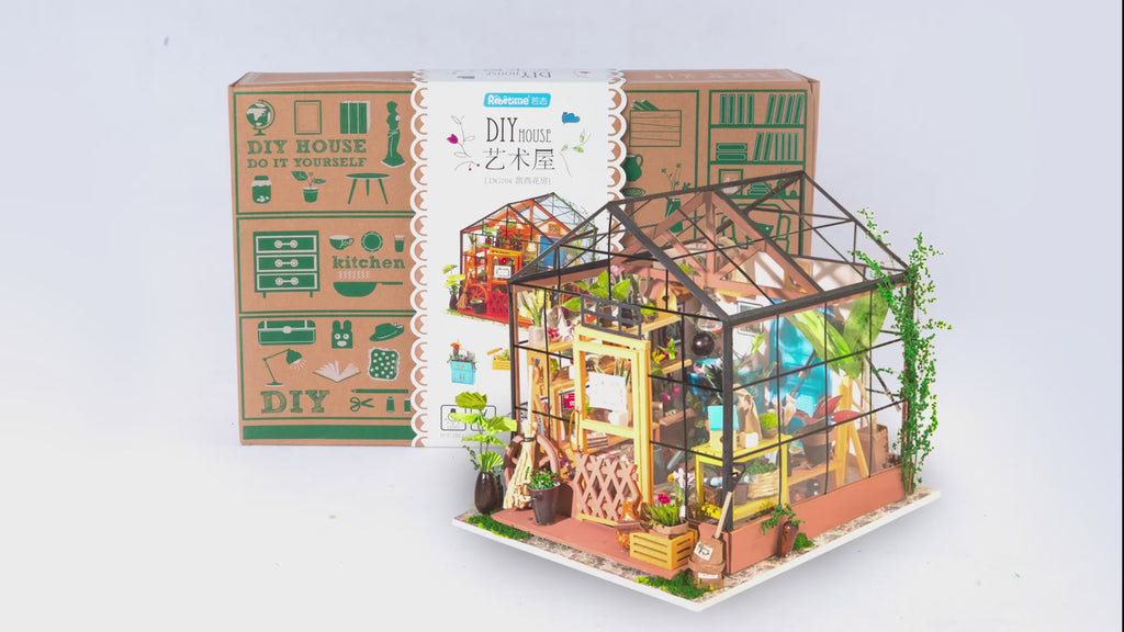 Official Robotime video showing Cathy’s Flower House DG104 assembly and miniature greenhouse details.
