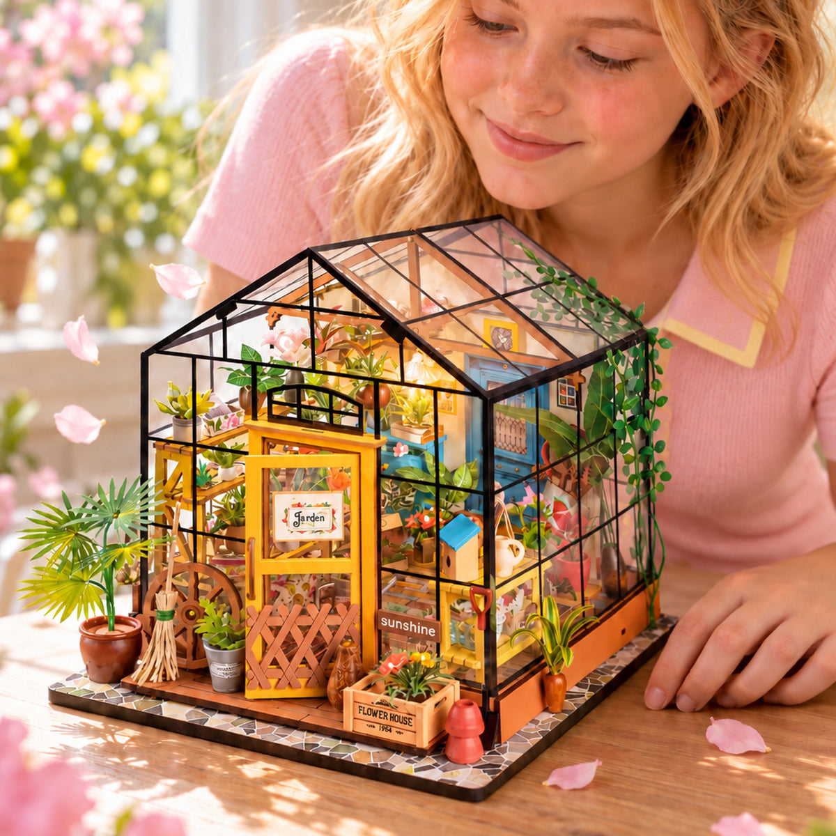 Girl viewing the assembled Rolife Cathy's Flower House DG104 greenhouse, with a yellow door and potted plants.