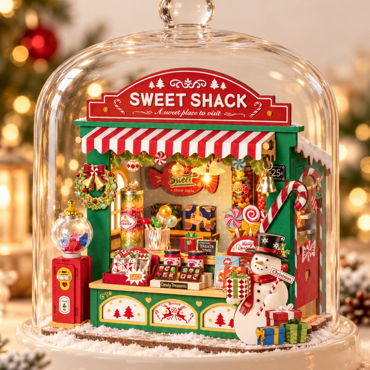 Assembled Rolife Christmas Candy Stand DS043 with festive lights, styled under a glass dome used as a display prop.