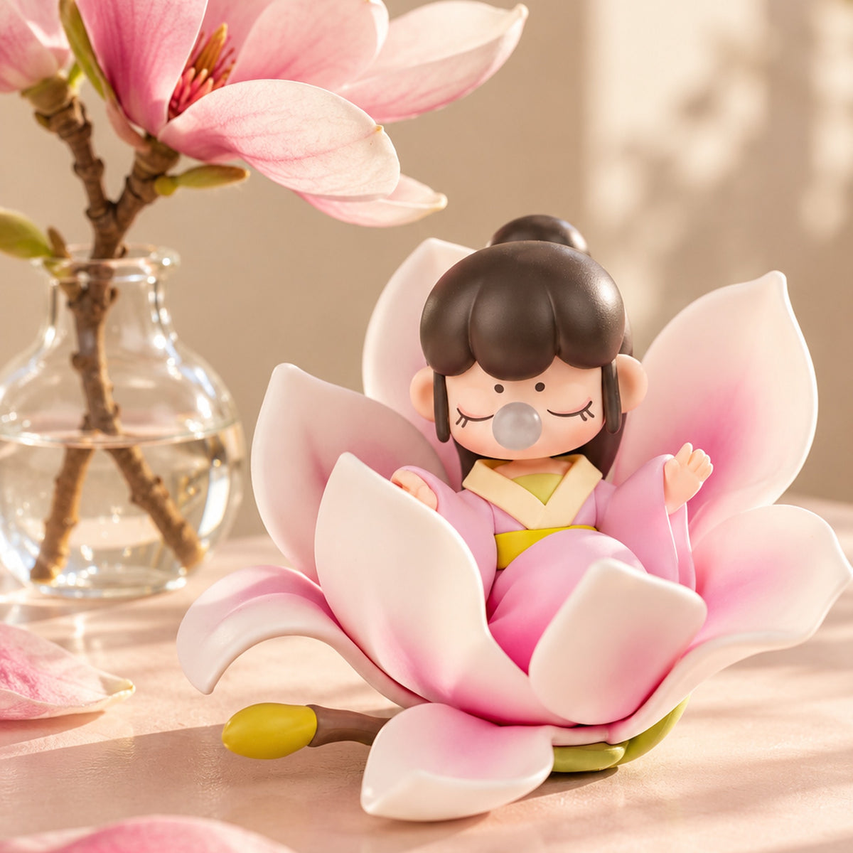 Example Rolife Nanci Flower Stories figure nestled in pink petals beside magnolia blossoms. Blind-box design varies.
