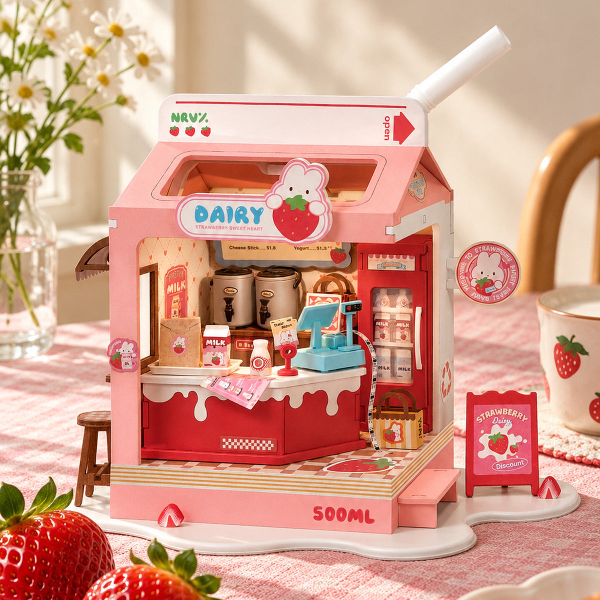 Assembled Rolife Strawberry Milk Box DS034 miniature shop with a pink carton roof, styled beside strawberries.