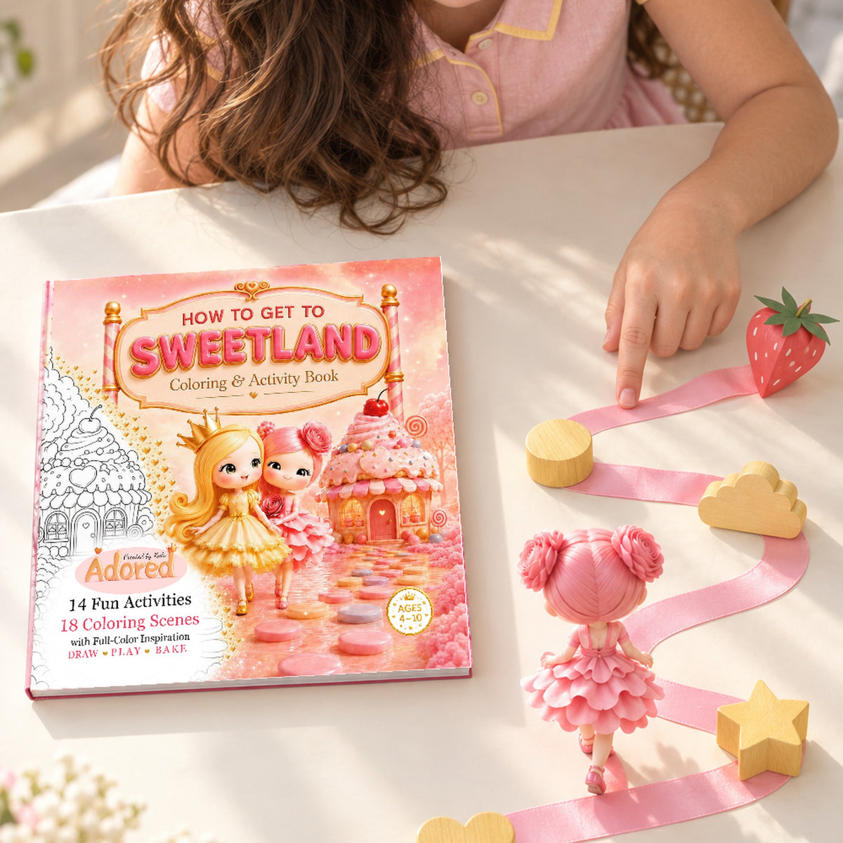 Sweetland Coloring and Activity Book beside a pink ribbon candy maze and craft props on a table.