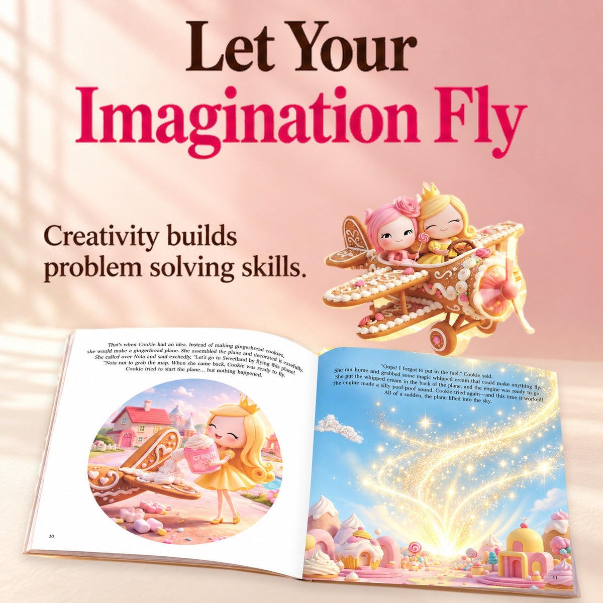 Cookie and Nota take a gingerbread airplane to Sweetland in this illustrated storybook spread.