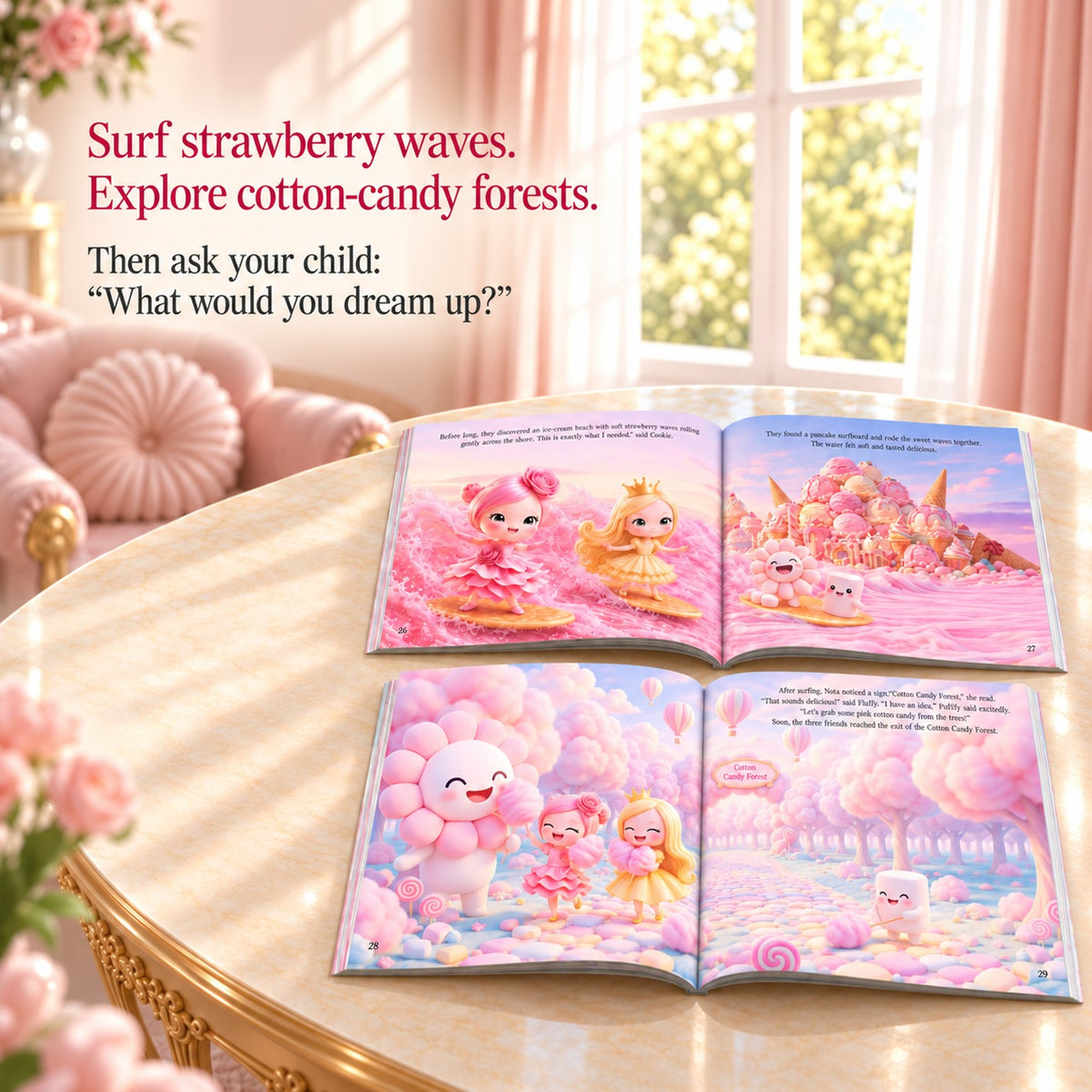 Open Sweetland storybook spreads showing strawberry waves and the cotton-candy forest.