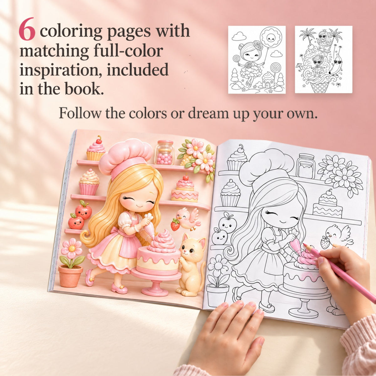 Six coloring pages are included in the Sweetland storybook, with matching full-color inspiration.