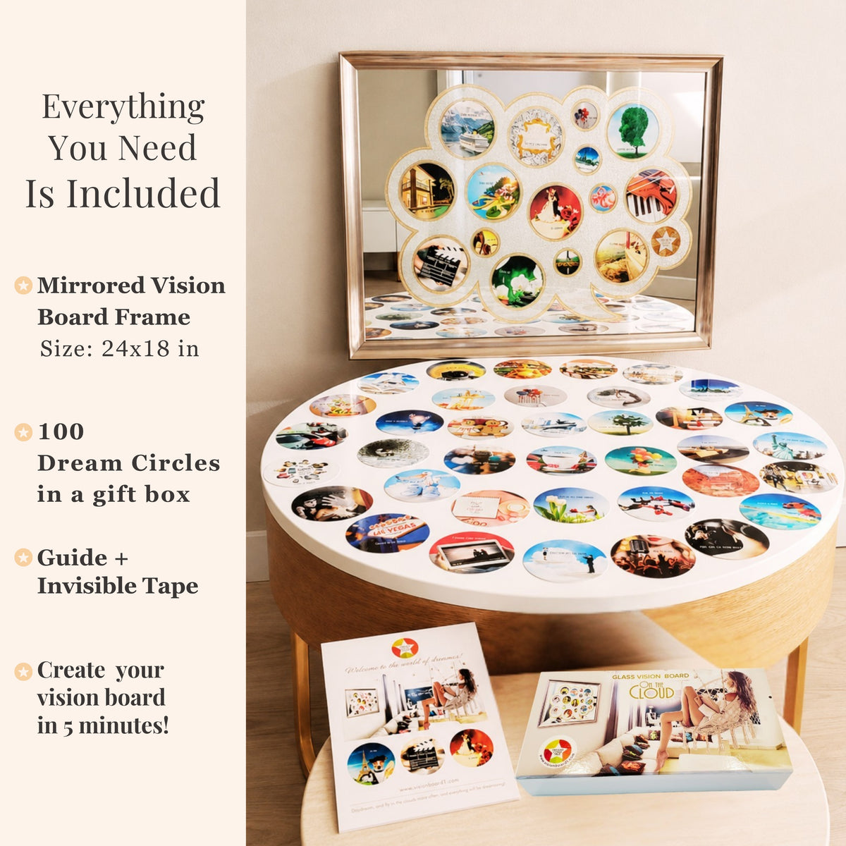 Complete vision board kit with framed mirror, 100 Dream Circles, guide and tape