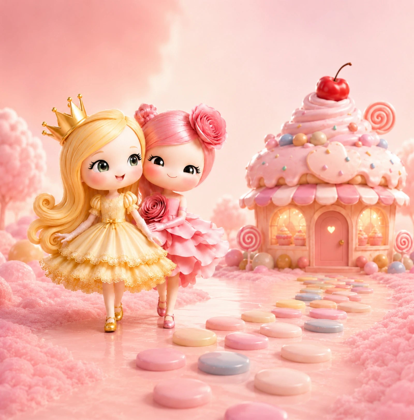 Cookie and Nota together beside their Cupcake House in Sweetland